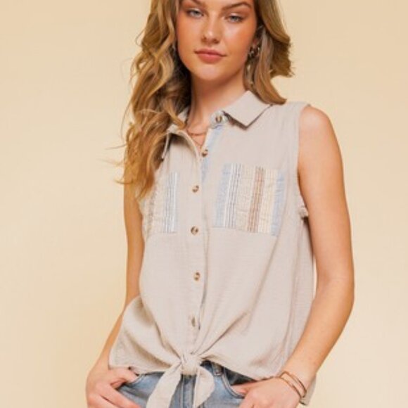 HEM & THREAD Beige Sleeveless Button-Front Top, Striped Pocket Detail, Tie-Front - Picture 1 of 8